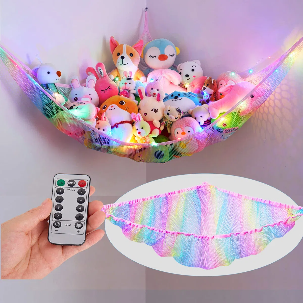 Unicorn Castle Hamac de rangement en filet pour animaux en peluche avec lumière LED - Organiseur d'angle à suspendre pour animaux en peluche - Pour décoration de chambre d'enfant