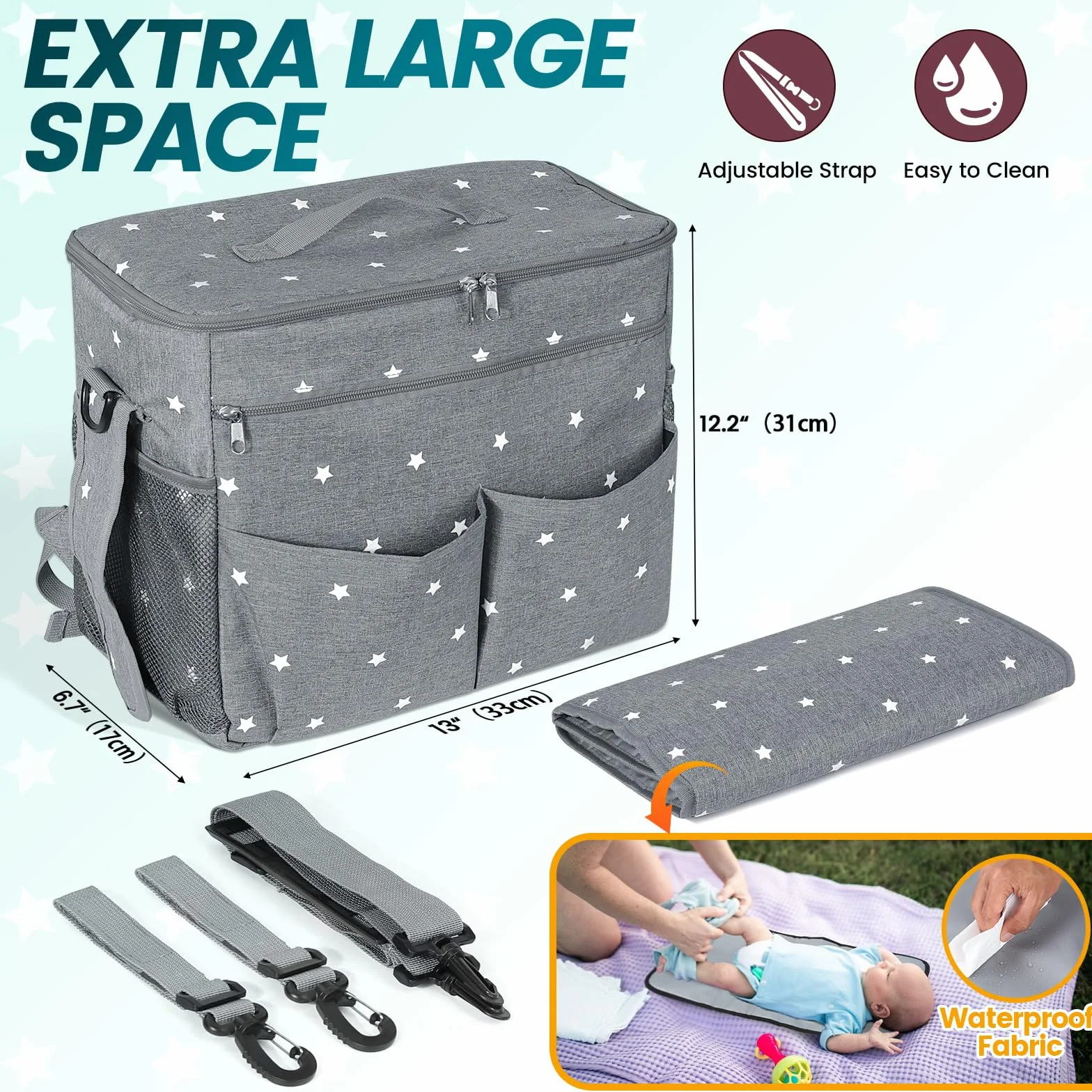 Orzbow Grande Sac a Langer Poussette,Étanche 22L Organisateur Poussette avec 2 Porte-gobelets,Multifonctionnel Sac Landau avec Séparateur Amovible,Doublure et Porte-bouteille Isolante (Gris)