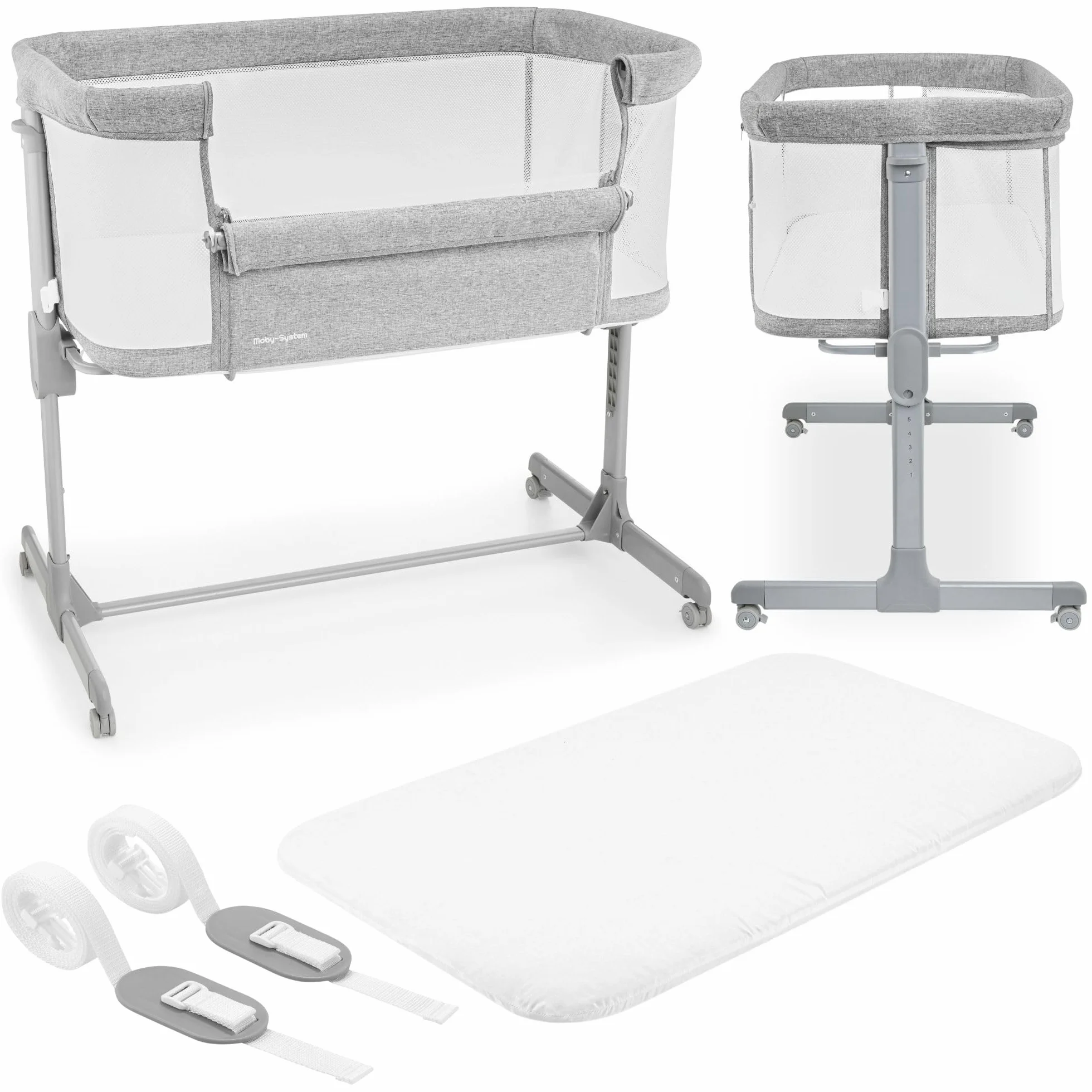 Lit Parapluie Bébé 3 en 1 Moby-System Luna avec Matelas, Cododo jusqu'à 9 kg, Hauteur Réglable 7 Niveaux