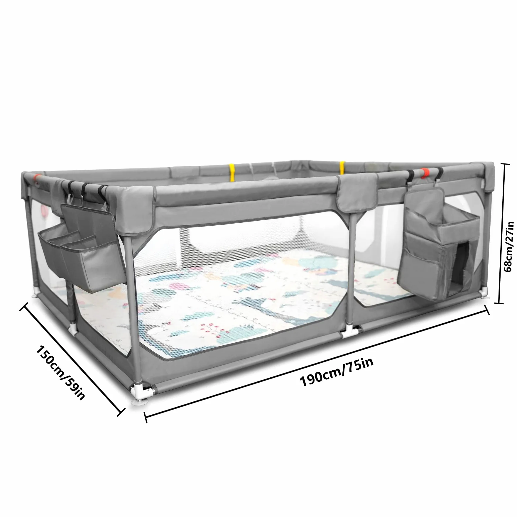 JINXIA Parc Bebe,190x150 cm,XXL Pliable Parc Modulable Bébé Avec Barrieres/Filets/Balle Océanique/Panneau d'activité,Playpen extra grand pour bébés et tout-petits,parc enfant,Gris