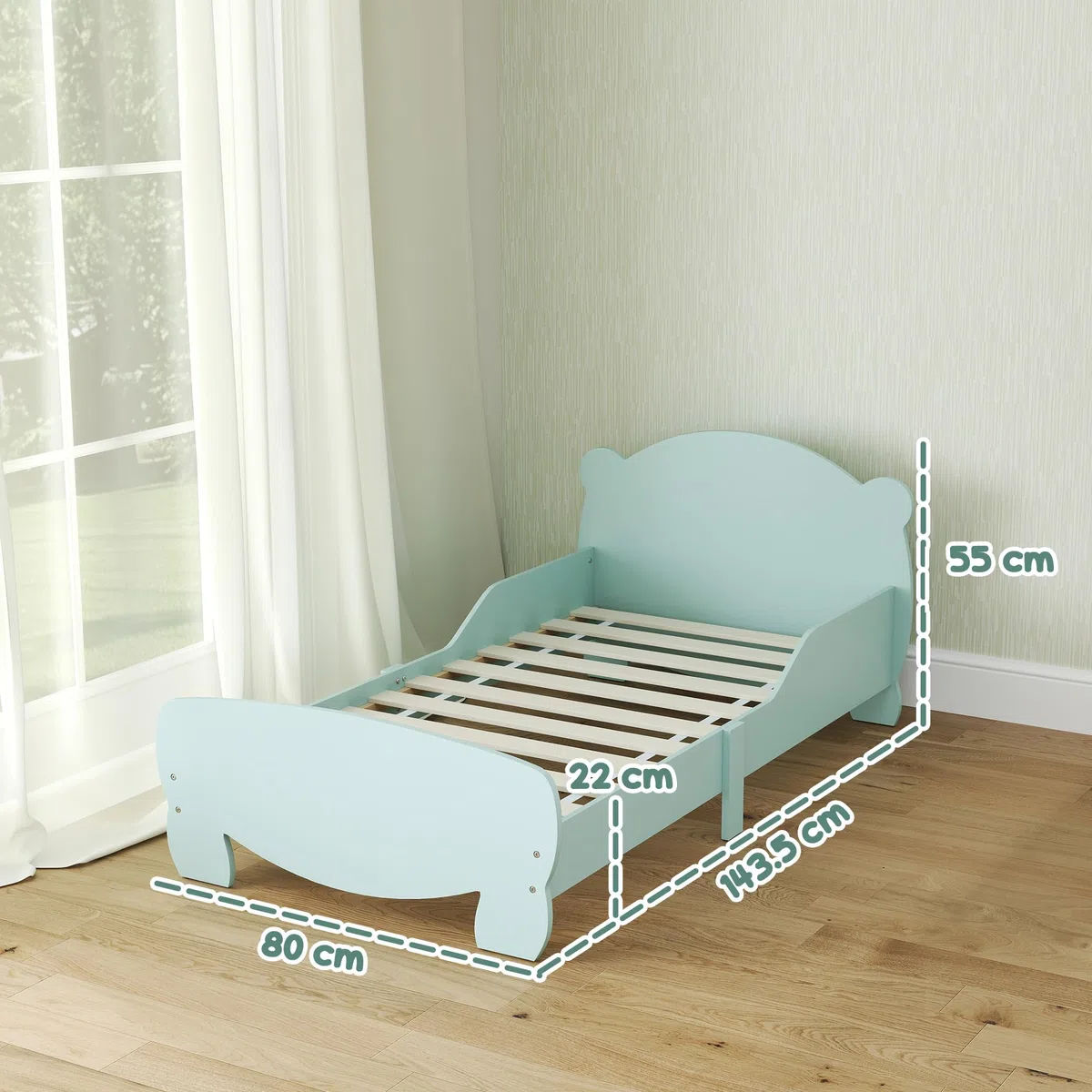 Lit Montessori pour Enfants 3-6 Ans 140x70 cm avec Côtés Anti-Chute et Sommier à Lattes Bois Vert