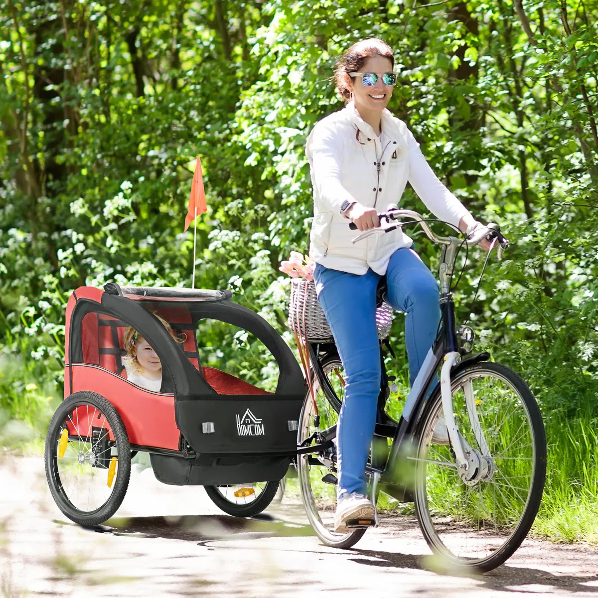 HOMCOM Remorque de vélo pour enfants 2 places 18 mois ceinture de sécurité amortisseur 140x88x90 cm