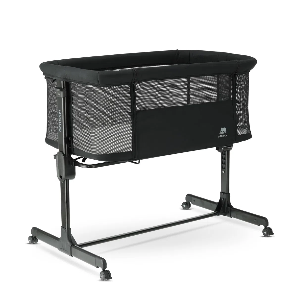 Deryan Snoozy Co-Sleeper 3 en 1 Lit bébé jusqu'à 9 kg Cododo Berceau Réglage Hauteur Inclinaison Matelas 4 roulettes Freins Matelas Ergonomique Sac (Noir)