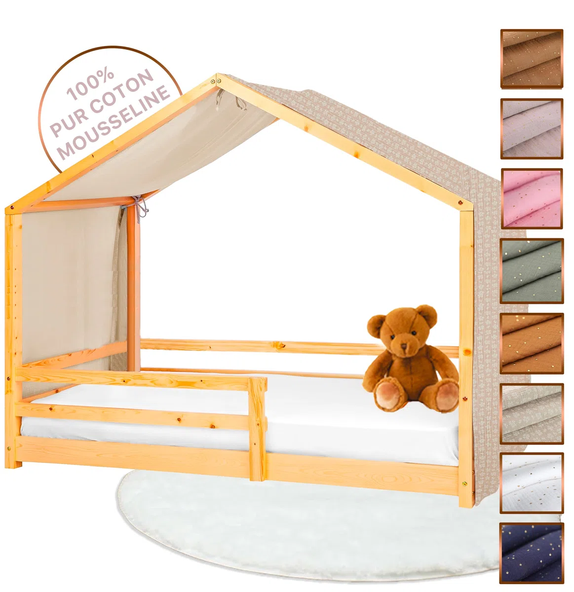 Toile de Lit Cabane 100% Coton - Ciel de Lit Cabane Montessori 80x160, 90x190, 90x200 cm - Tissu Oeko-Tex Gots (Beige Feuillage, 97 x 402 cm)