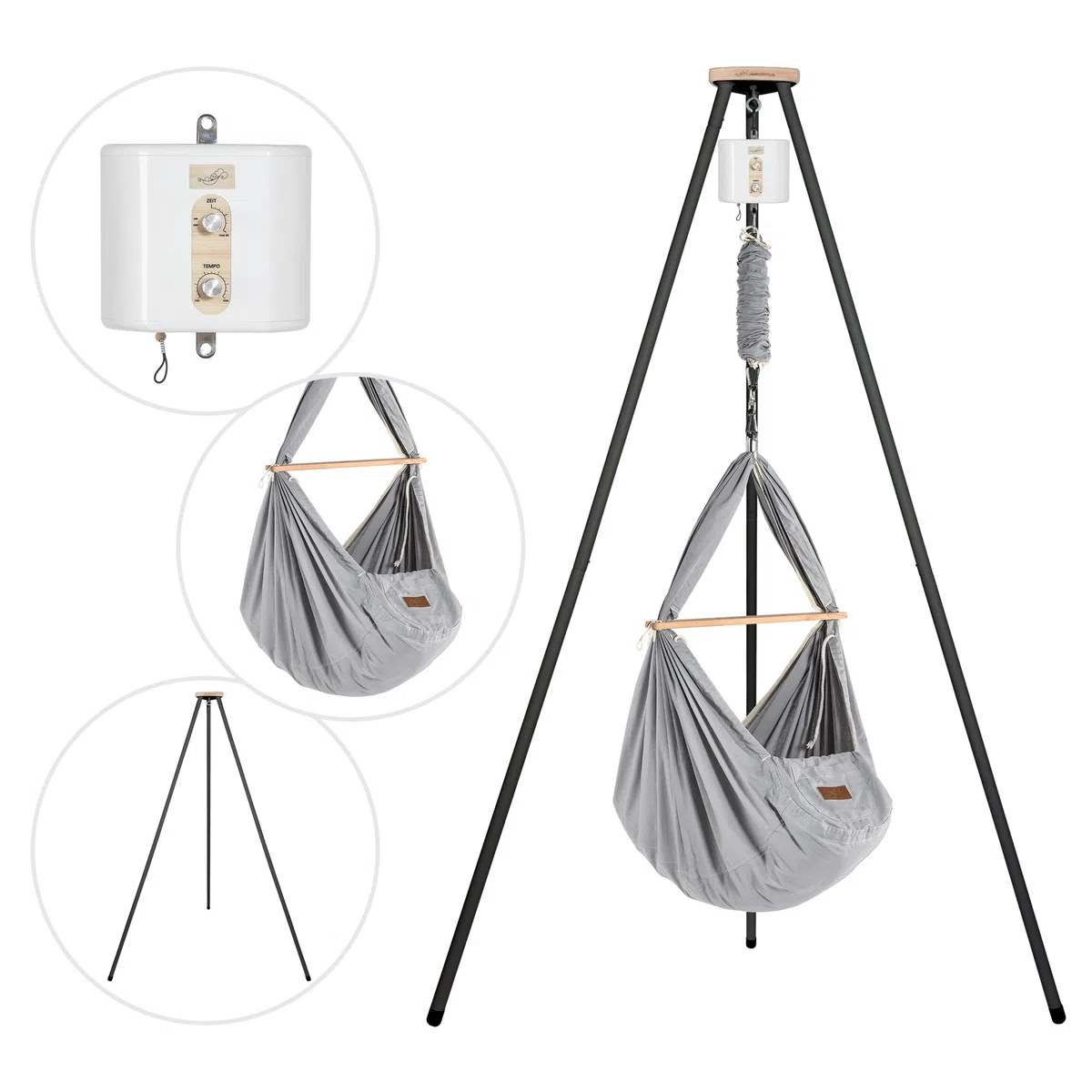 SCHMUSEWOLKE Berceau à ressorts Gris – Ensemble avec cadre en tipi blanc – Hamac pour bébés et tout-petits de la naissance à 3 ans – Coton bio – Avec matelas en laine de mouton