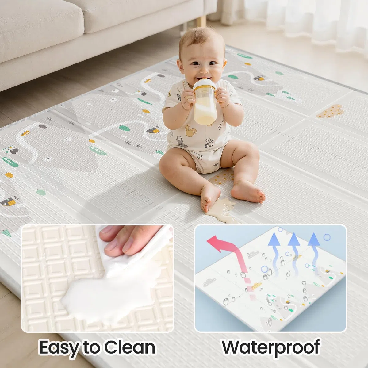 Parc Bebe avec Tapis 150x150cm - Barrière de Jeu pour Enfant avec Tapis Mousse Pliable et Anneaux