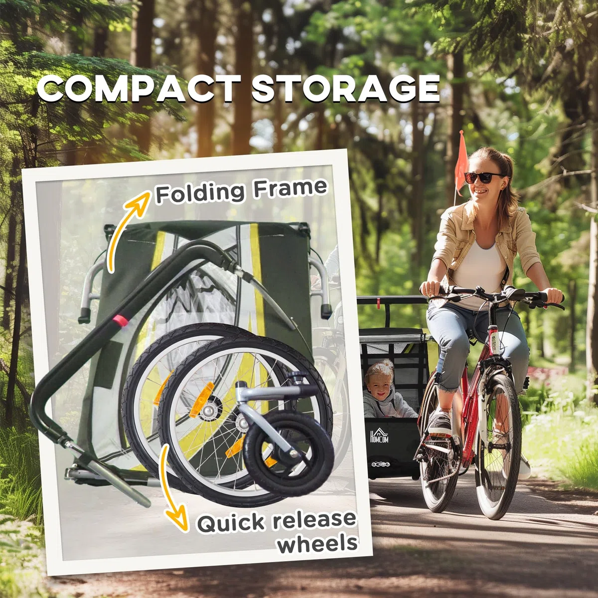 HOMCOM Remorque de vélo pour enfants et poussette, design 2 en 1 avec frein, ceinture à 5 points, remorque de vélo avec poches latérales, catadioptres et banderole, Jaune