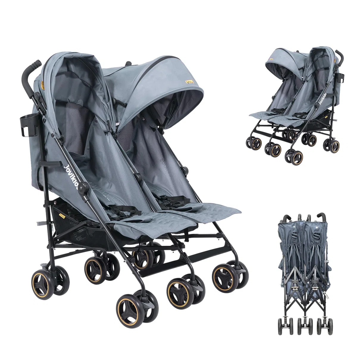 Jovikids Poussette double avec fonction allongée, pliable, avec pare-soleil, capote de pluie et porte-gobelet