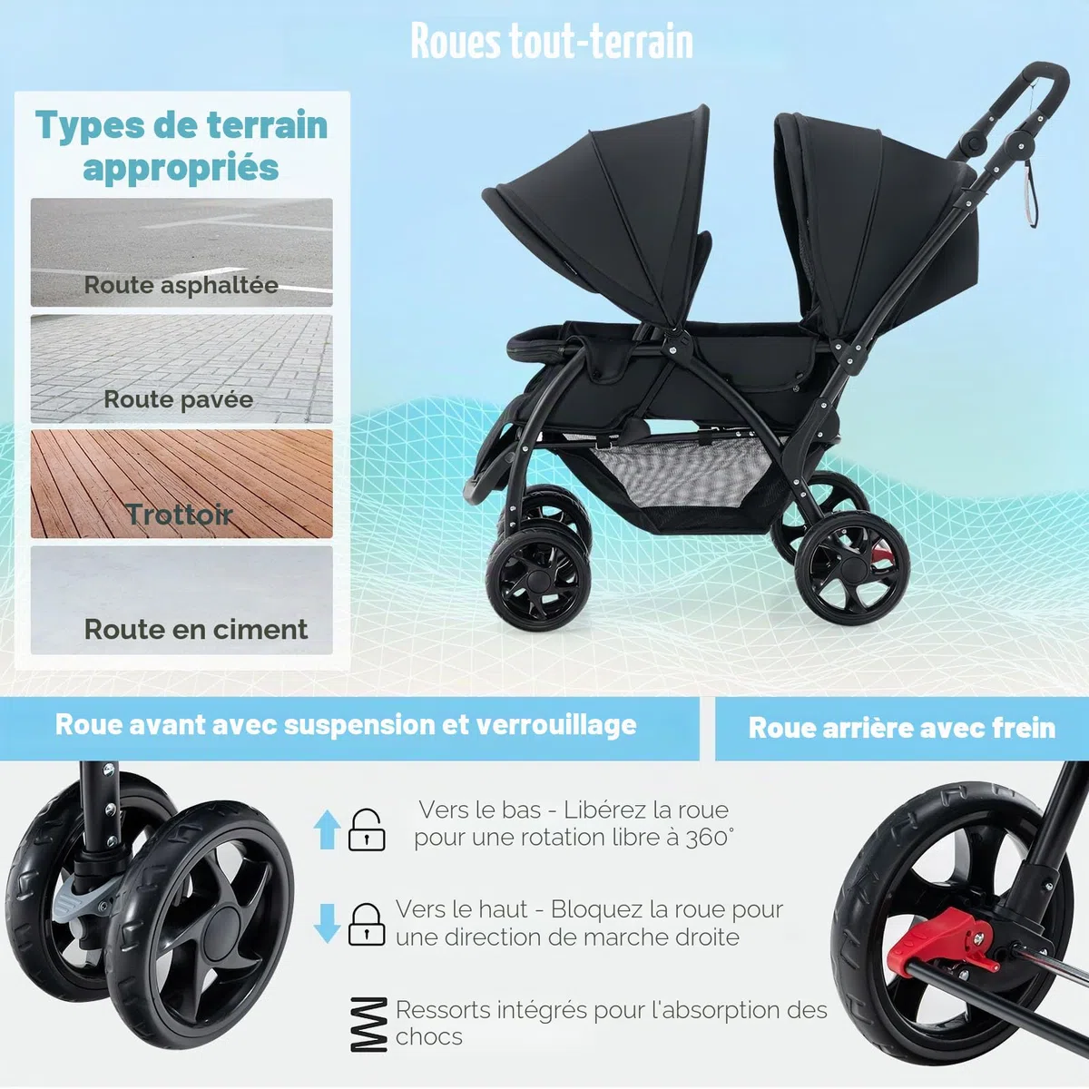 FANTASK Poussette double pliable avec dossier réglable et capote - Pour bébé à partir de 6 mois - Charge maximale : 30 kg - Noir
