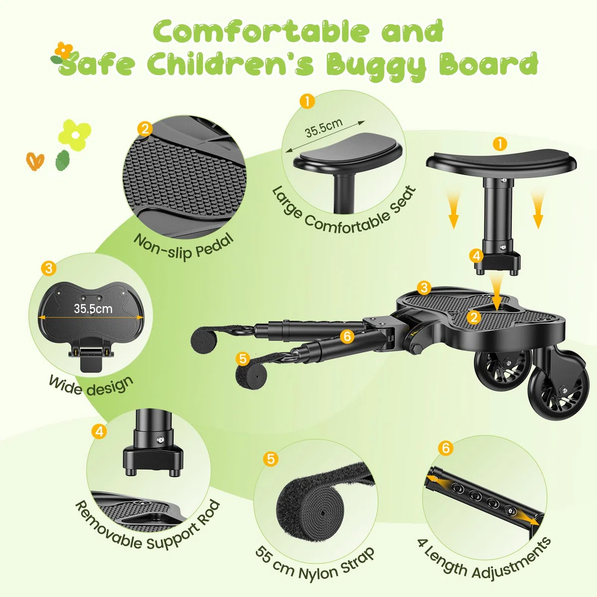 Planche Poussette Universelle, Skate Poussette Universelle, Portable Kiddy Boards avec Sangle de Suspension, Planches à Roulettes pour bébé pour Enfants de 2 à 6 Ans (25kg)