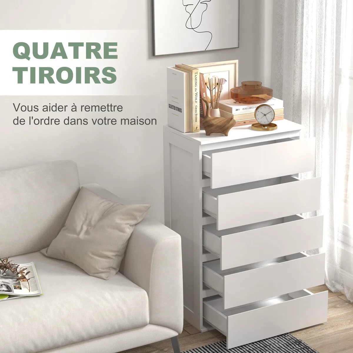 HOMCOM Commode 5 tiroirs, Meuble de Rangement étroit sans poignées, chiffonnier, Style Moderne, Commode pour Chambre à Coucher, Salon, Couloir, 60 x 39 x 100 cm, Blanc