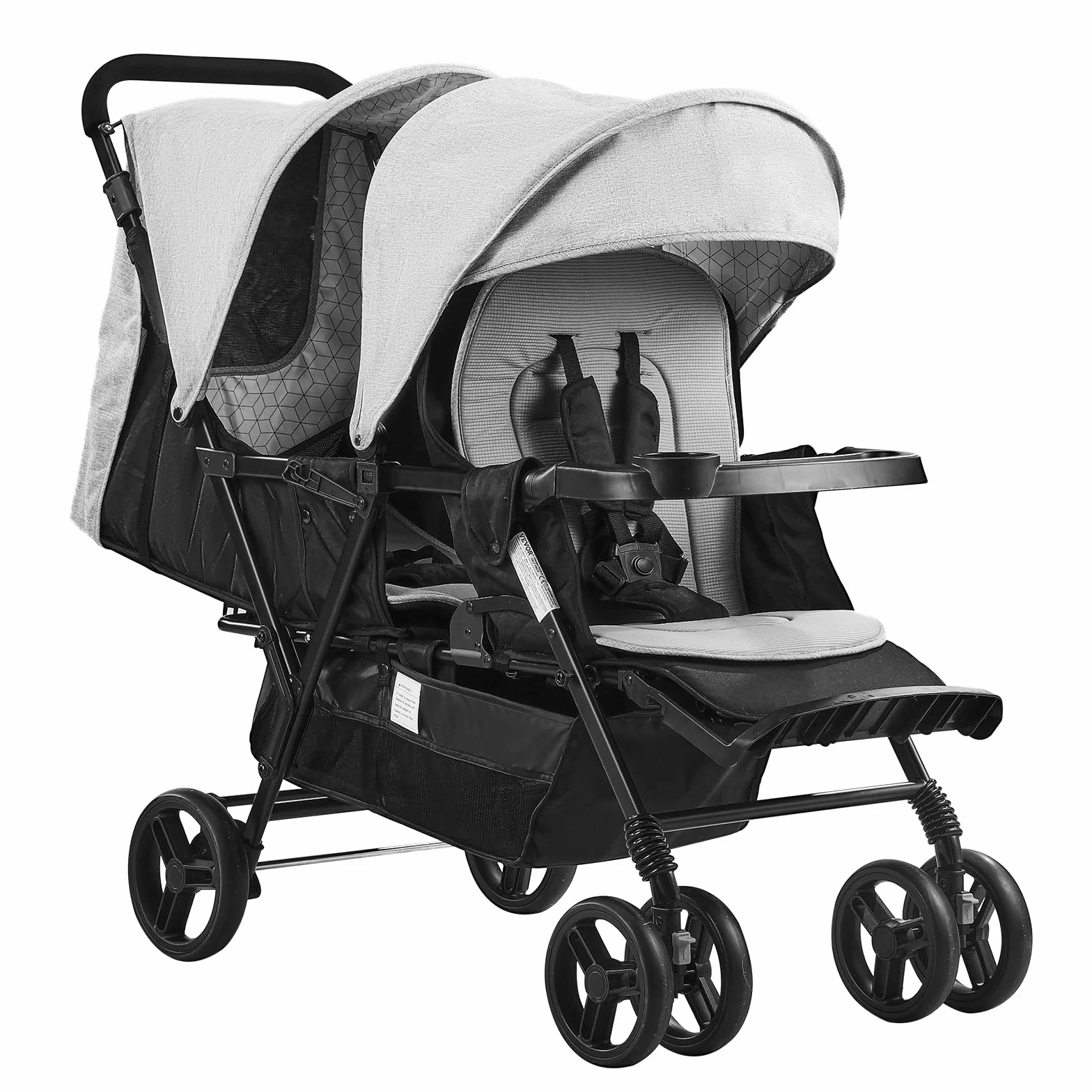 VEVOR Poussette double, poussette jumeaux légère pliable, siège tandem, dossier, repose-pieds réglable, harnais de sécurité, panier de rangement, plateau, pour nouveau-né, tout-petit, gris clair noir