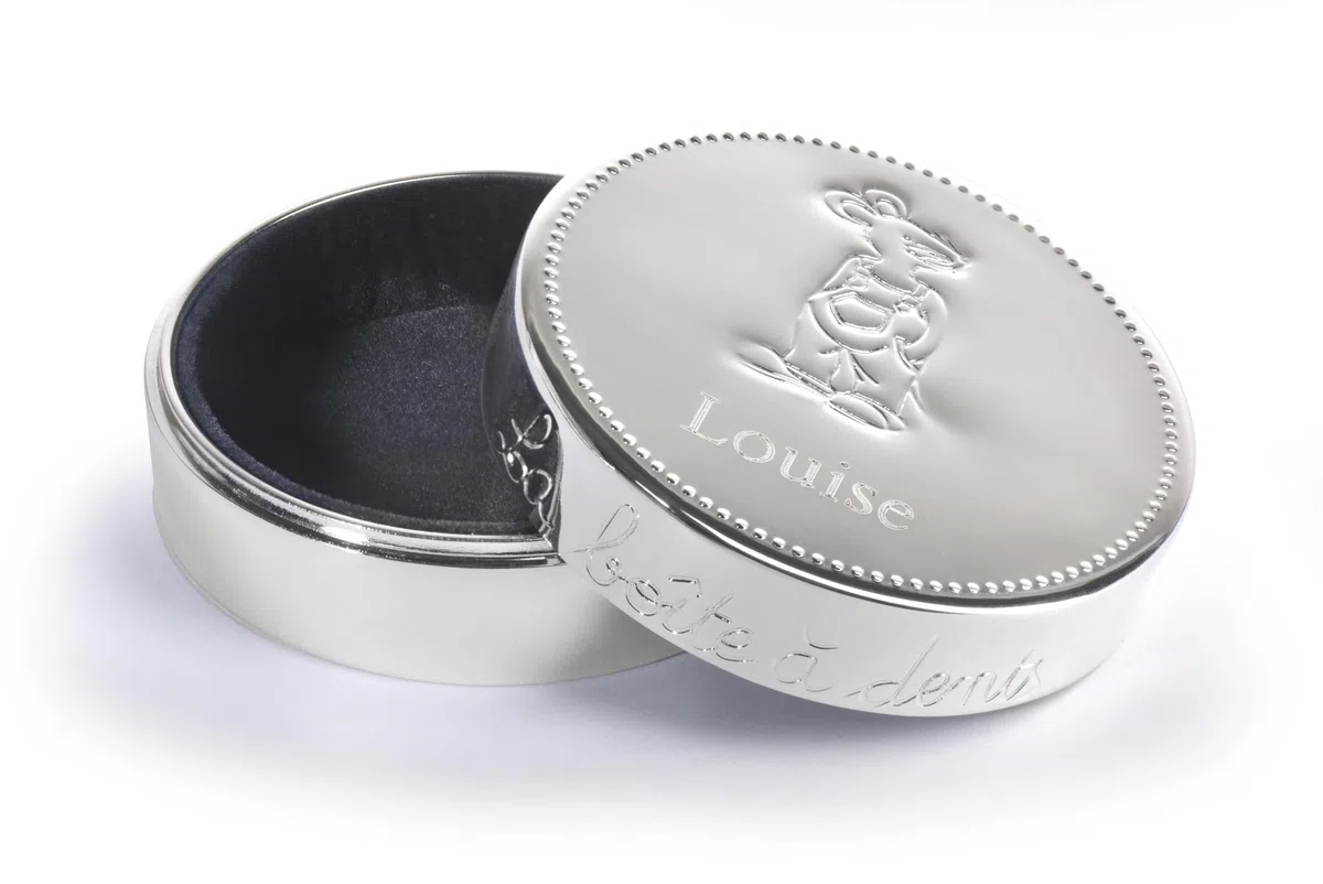 Boîte à Dents de Lait en Métal Argenté, Personnalisable avec Prénom, 6 cm x 2,5 cm, Motif Petite Souris