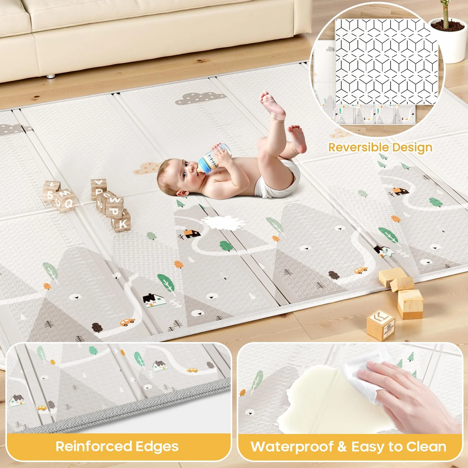 Parc Bebe 150x180cm avec Tapis - Grand Espace Sécurisé, Tapis Doux et Facile à Nettoyer, Structure Stable, Tissu Oxford et Acier Inoxydable, avec 4 Anneaux, Intérieur et Extérieur