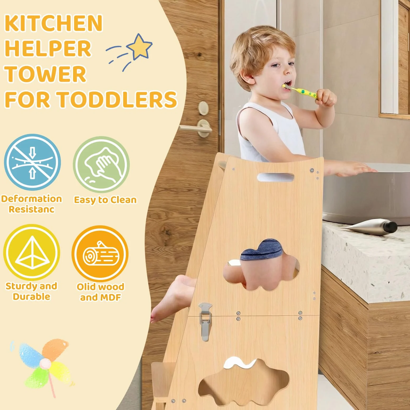 KIDINIX Tour d'Observation Enfant, Tour d'Apprentissage 3 en 1 avec Garde-Corps et Tableau Noir, Tour Montessori Pliable