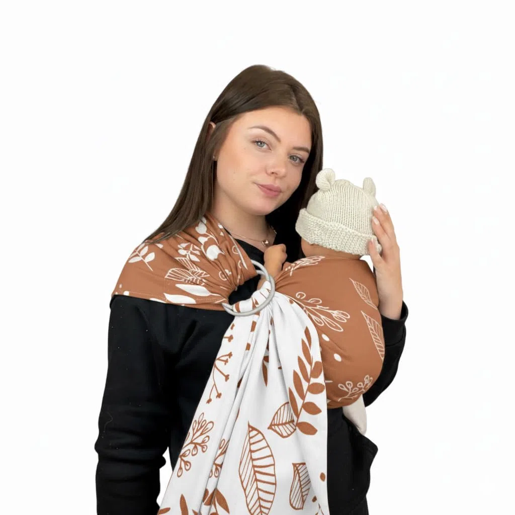 Naturioù - Ring Sling - Écharpe de Portage Sans Noeud Jacquard - 100% Coton - Motif Réversible - Botanie Caramel