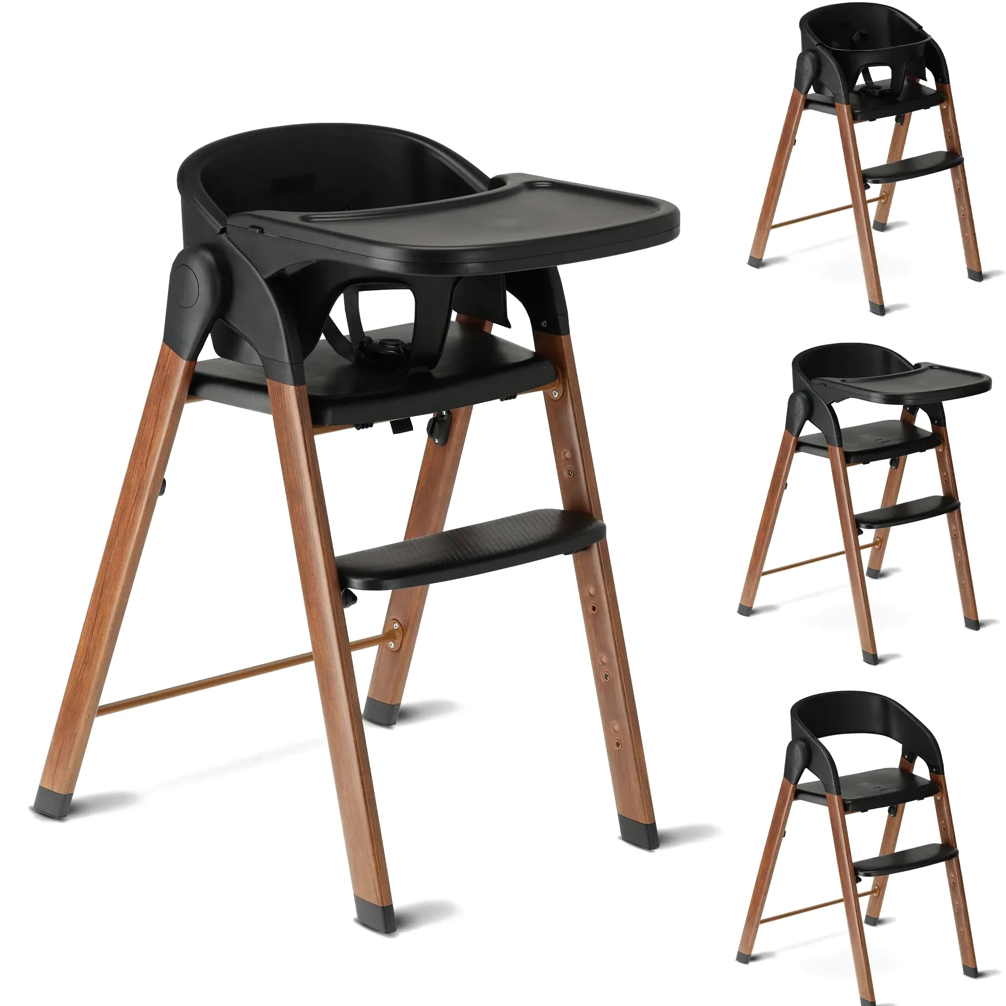 Deryan Chaise Haute évolutive 4en1, Pour Bébé Ergonomique, Confortable, Inclinable, Pliable, Avec Hauteur Réglable, Repose-Pieds, Plateau Amovible, 6 mois à 3 ans (110 kg) - Bois/Noir