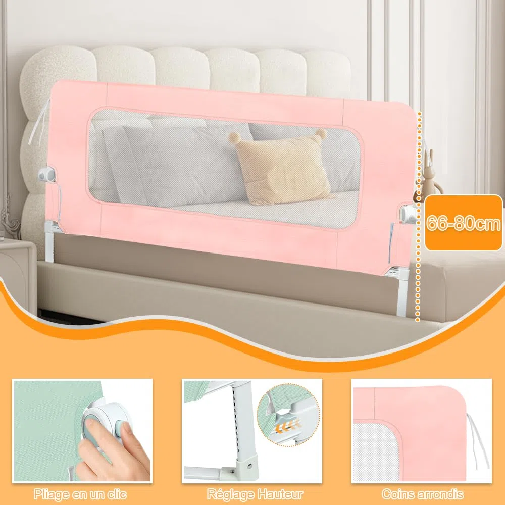 OHMG Barrière lit bebe150cm Barrière de lit pour Enfants Pliable,Barrieres de securite Enfant Lits Portable, Barrières de Lits pour Enfants&Tout-Petits Protection Antichute