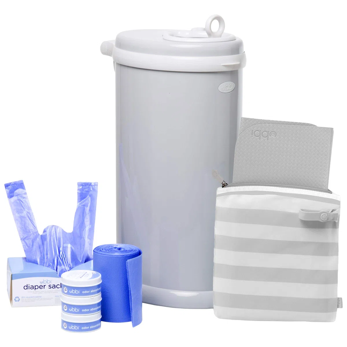 Ubbi Diaper Changing Value Set, Odor Locking Modern Design Baby Accessory Must Have Set Includes Grey Diaper Pail, Diaper Sacks, Odor Absorbing Gel, Travel Chaning Mat and Diaper Pail Waste Bags