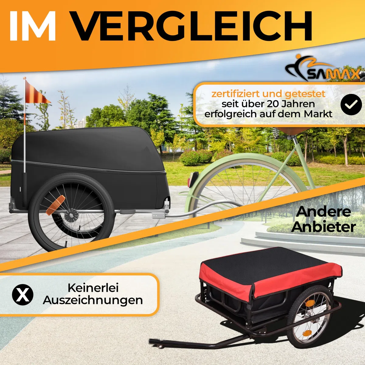 SAMAX Remorque de Vélo Chariot de Transport Haute Traction 40 Kg 120 L Noir Gris