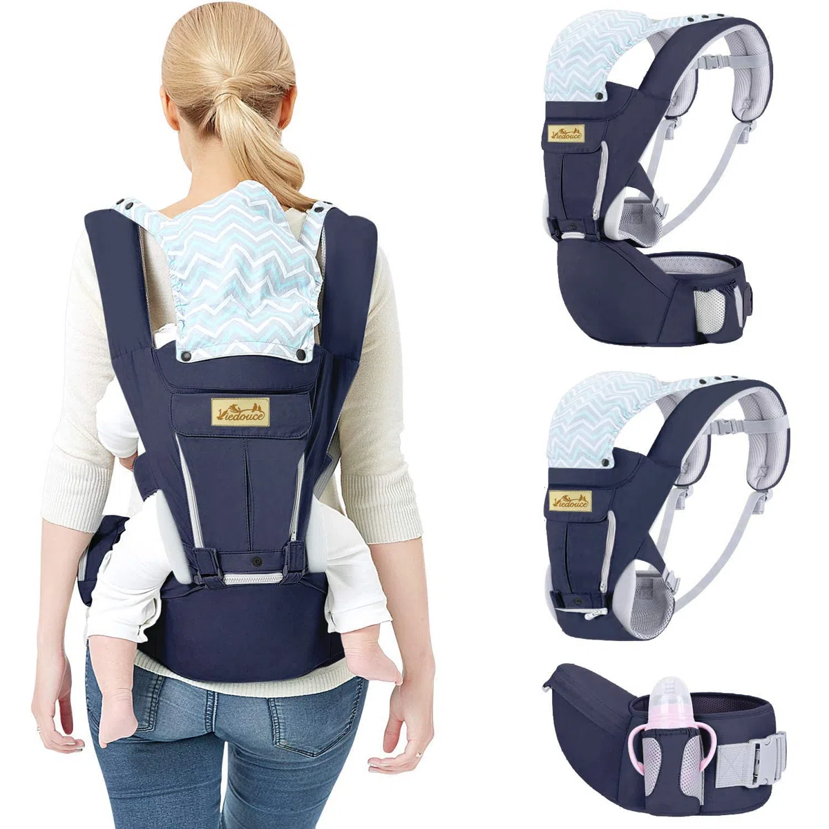 Porte bébé Ergonomique Viedouce avec Siège à Hanche, Coton Léger et Respirant, Multiposition pour Nouveau-né 3-48 Mois (3,5-20 kg)