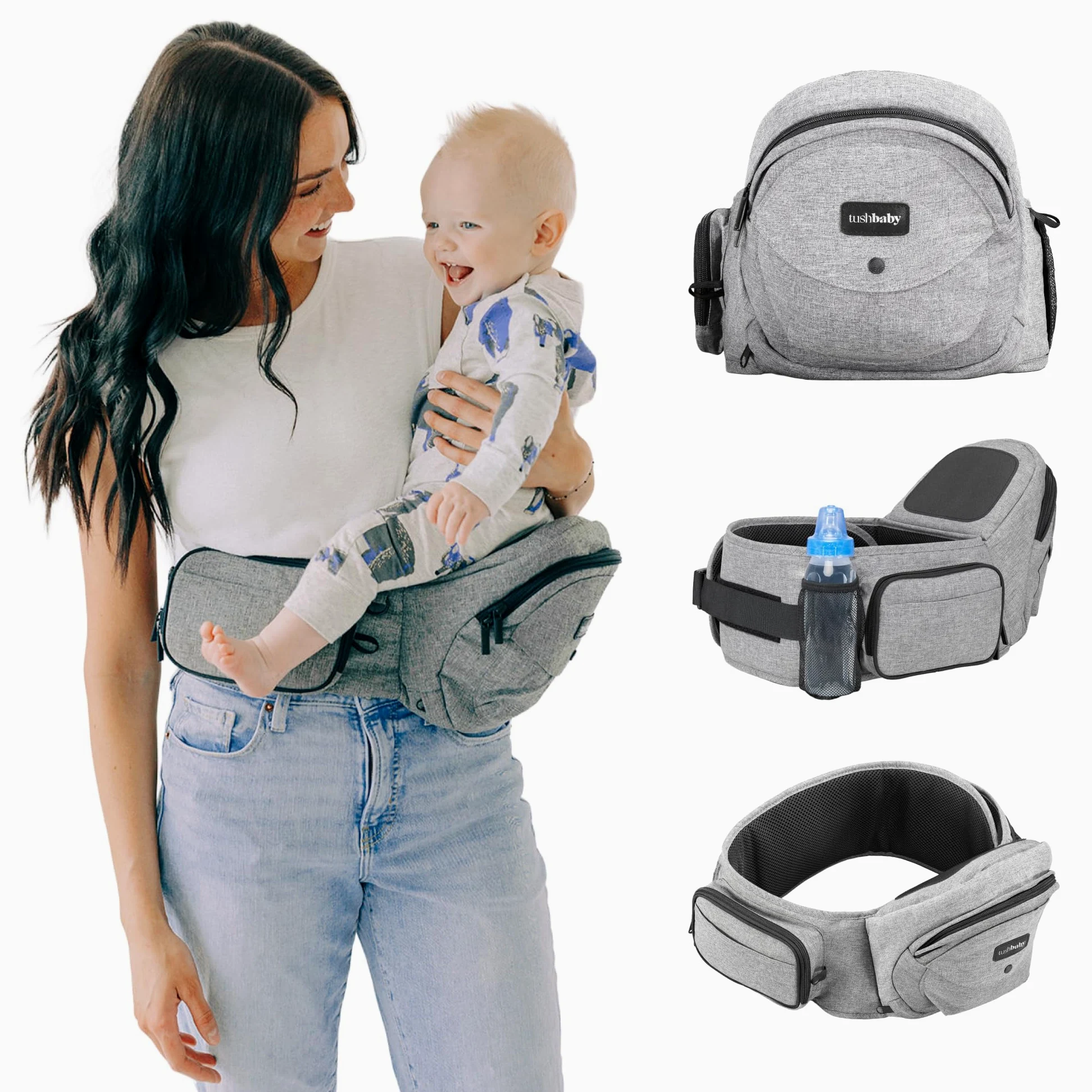 Tushbaby Porte-Bébé Ventrale Certifié Siège Hanche Ergonomique Gris 3-36 Mois