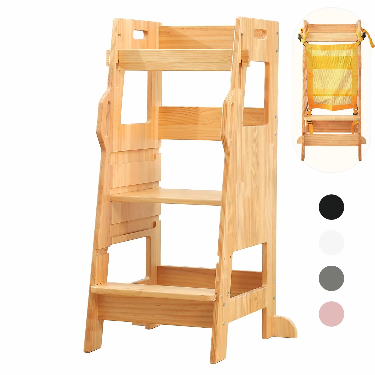 Tour d'apprentissage pour Enfants avec Filet de Sécurité, Marchepied de Cuisine Réglable 3 Niveaux, Chaise Montessori