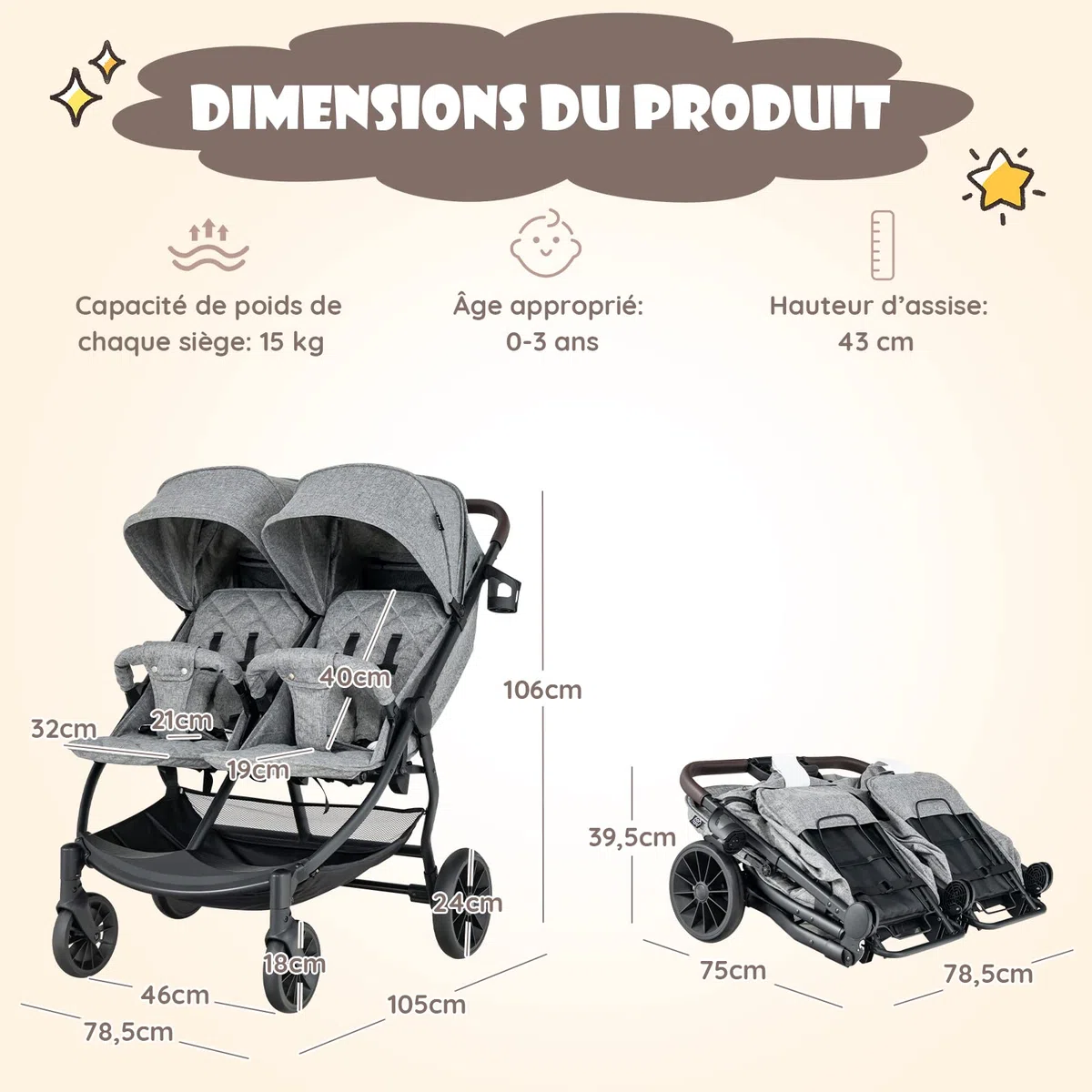 COSTWAY Poussette Canne Double avec Porte-Gobelet, Poussette Côte à Côte avec Dossier & Auvent Réglable, Pliable d'une Main, Ceinture de Sécurité, Charge 15KG pour Bébé 0 à 3 Ans