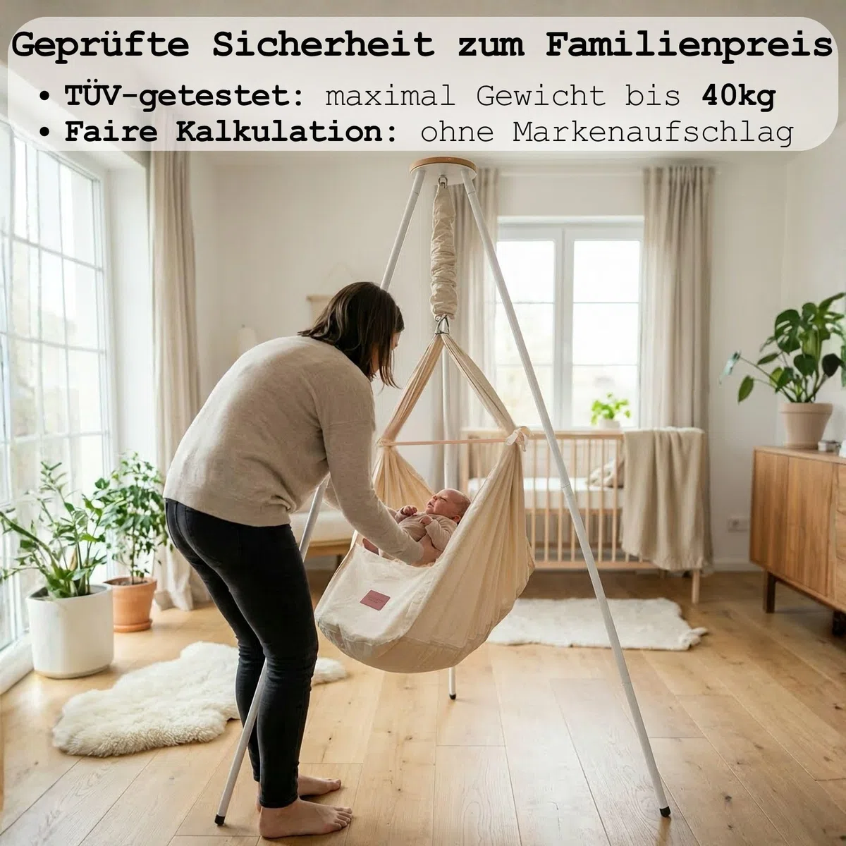 Honigbär Armature pour berceaux à ressorts, berceaux suspendus, hamacs pour bébé et transat | Pied | Testé TÜV | Acier inoxydable revêtu par pulvérisation – Blanc mat/chêne massif | Jusqu'à 40 kg