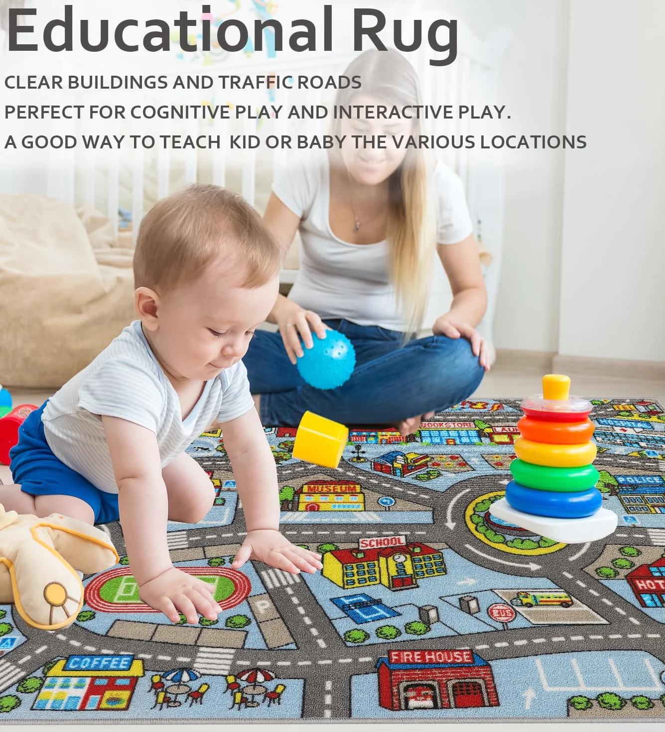 Capslpad Tapis de voiture pour enfants - 100 x 160 cm - Antidérapant - Plan de ville - Tapis de jeu interactif - Lavable - Créatif - Tapis de jeu éducatif pour enfants et adolescents - Décoration de