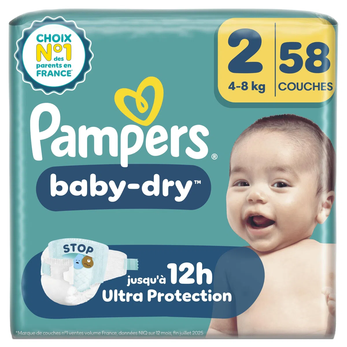 Pampers Baby-Dry Taille 2 58 Couches 4kg-8kg Nuit Confortable Sans Fuites