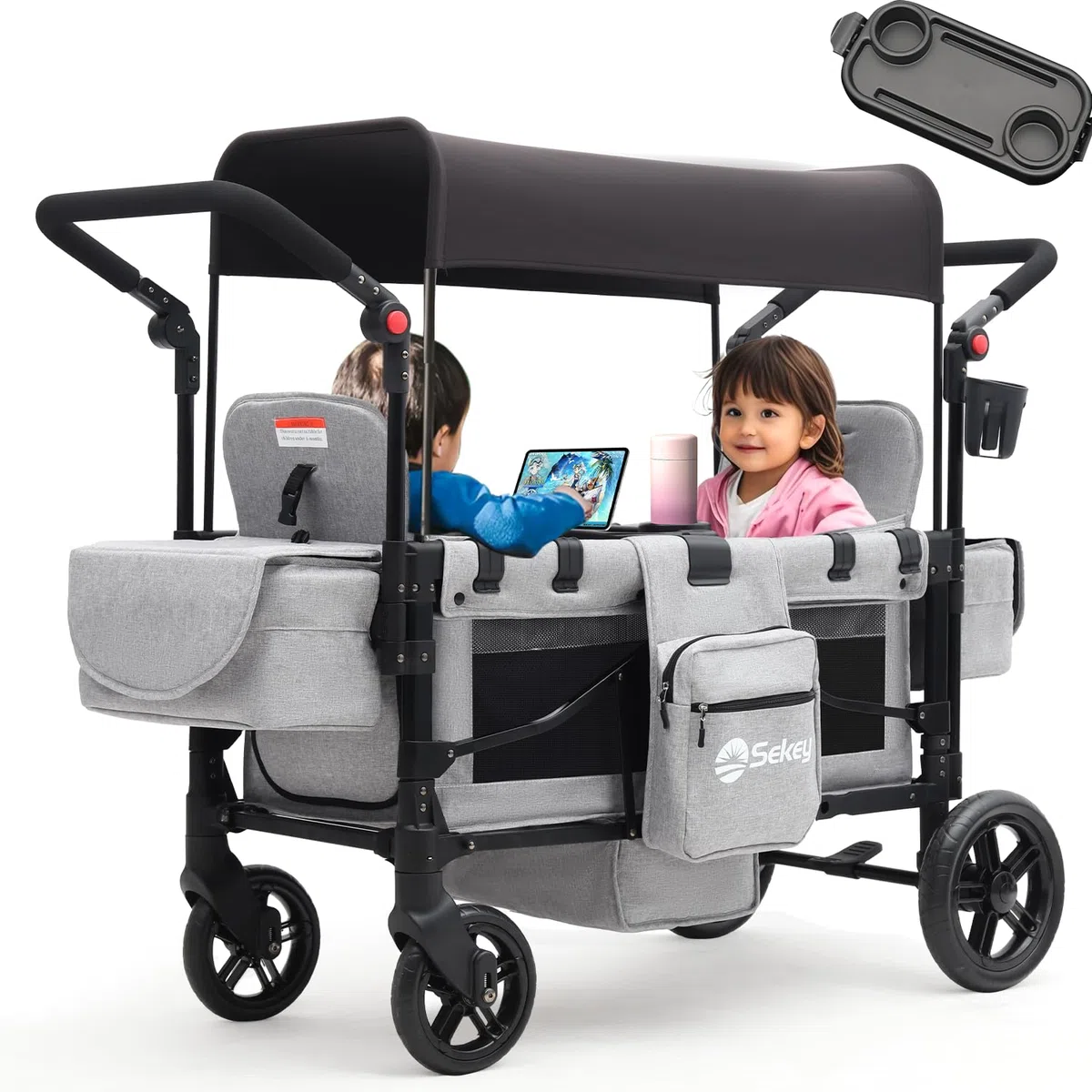 Sekey Poussette pour enfant - Mode jumeau - Pliable avec toit - Pour 2 enfants - Double poignée - Siège double avec 2 systèmes de harnais à 5 points intégré - Poussette double (gris, premium)