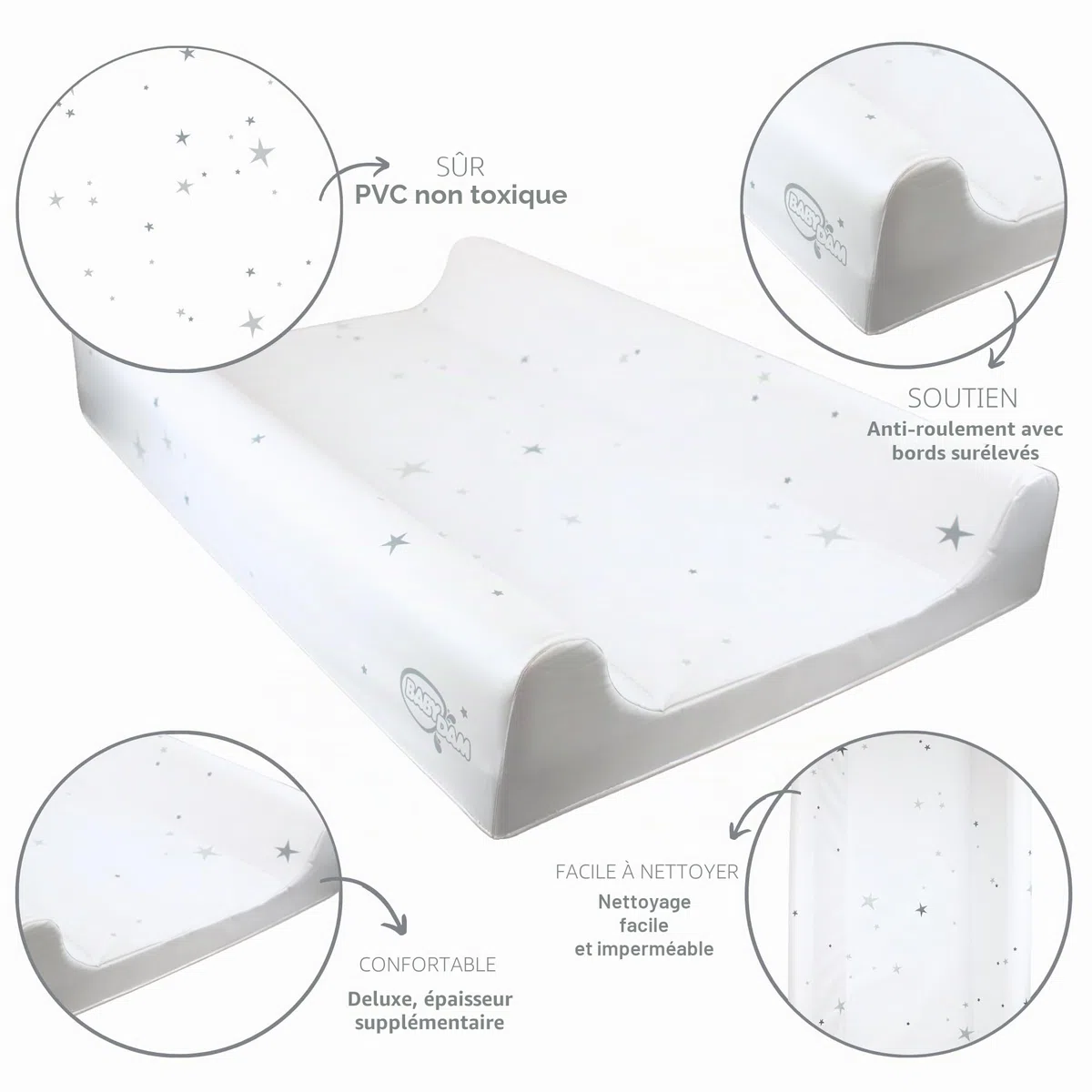 BabyDam Matelas à langer anti-roulis de luxe SuperMax - Facile à nettoyer - 70 x 45 cm - Gris étoilé / blanc