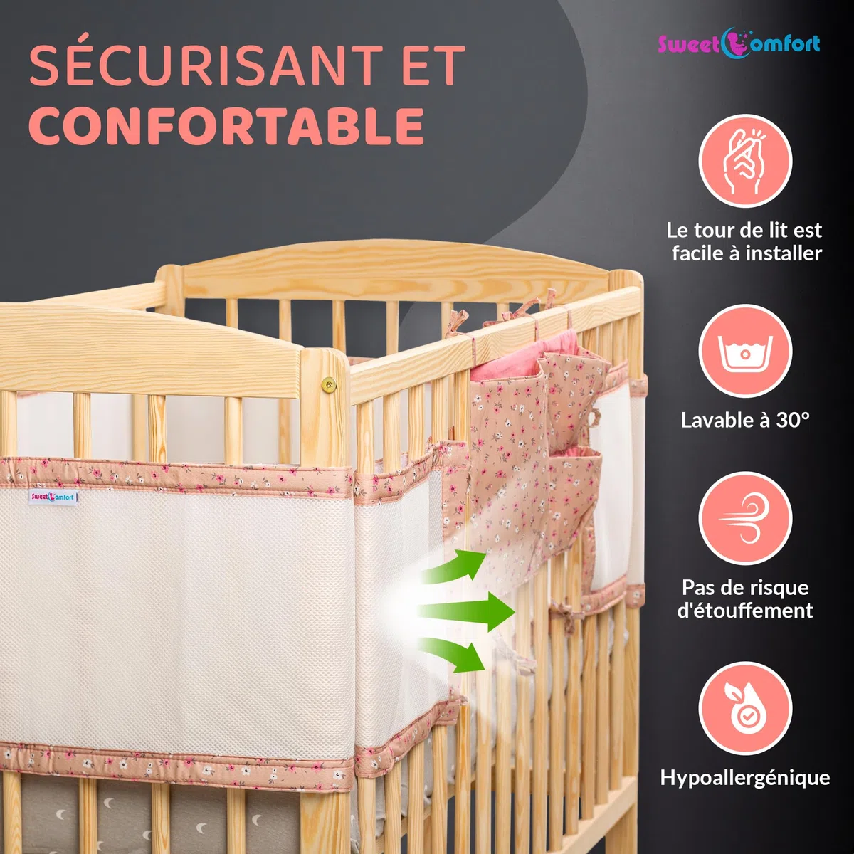 Tour de Lit Bébé Fille avec Pochette de Rangement - Contour de Lit Bébé 60x120 et 70x140 cm à Lattes 3 à 4 Côtés - Tour de Lit Respirant Conforme à la Norme de Sécurité NF EN 16780 - Rose Floral
