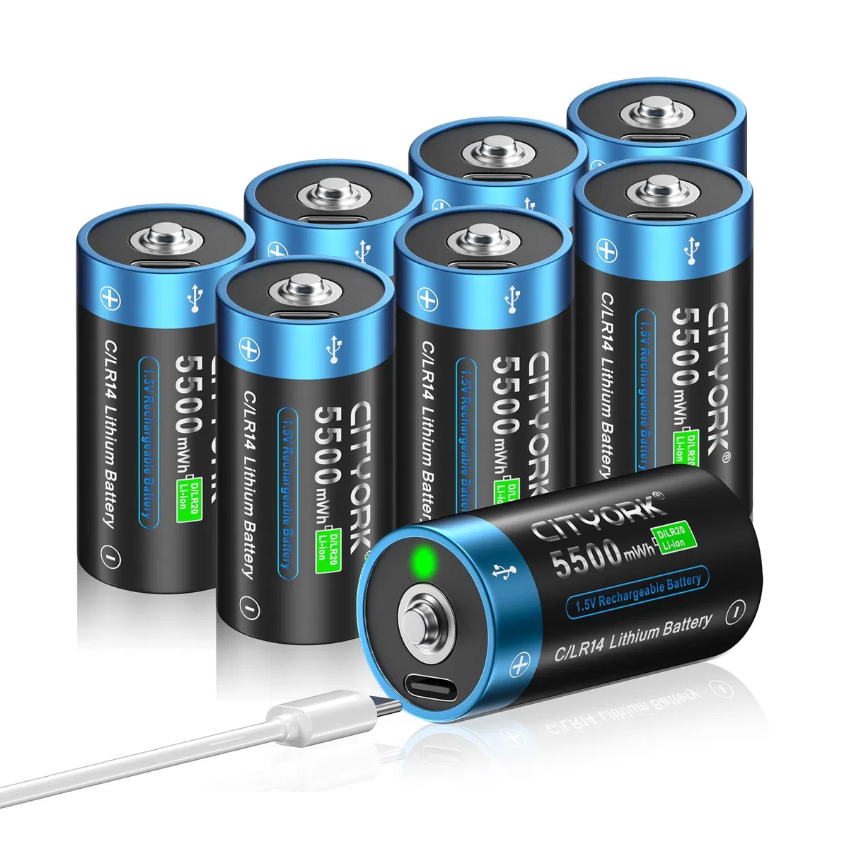 CITYORK Lot de 8 batteries rechargeables Baby C 5500 mWh 1,5 V avec USB-C - Batterie lithium-ion LR14 C - Charge en moins de 2 heures - Plus de 1000 cycles - Avec câble de charge de type C -