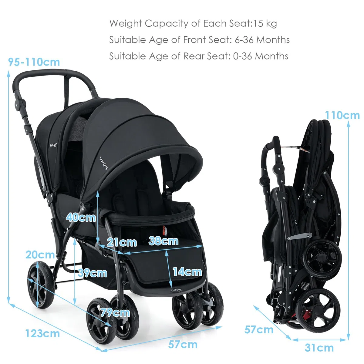 LIFEZEAL Poussette Double Pliable pour Jumeaux, Poussette 2 Places Réglable en 3 Positions, Poussette Canne avec Cosy, Roues Universelles avec Freins, Charge de 15+15 KG (Noir)