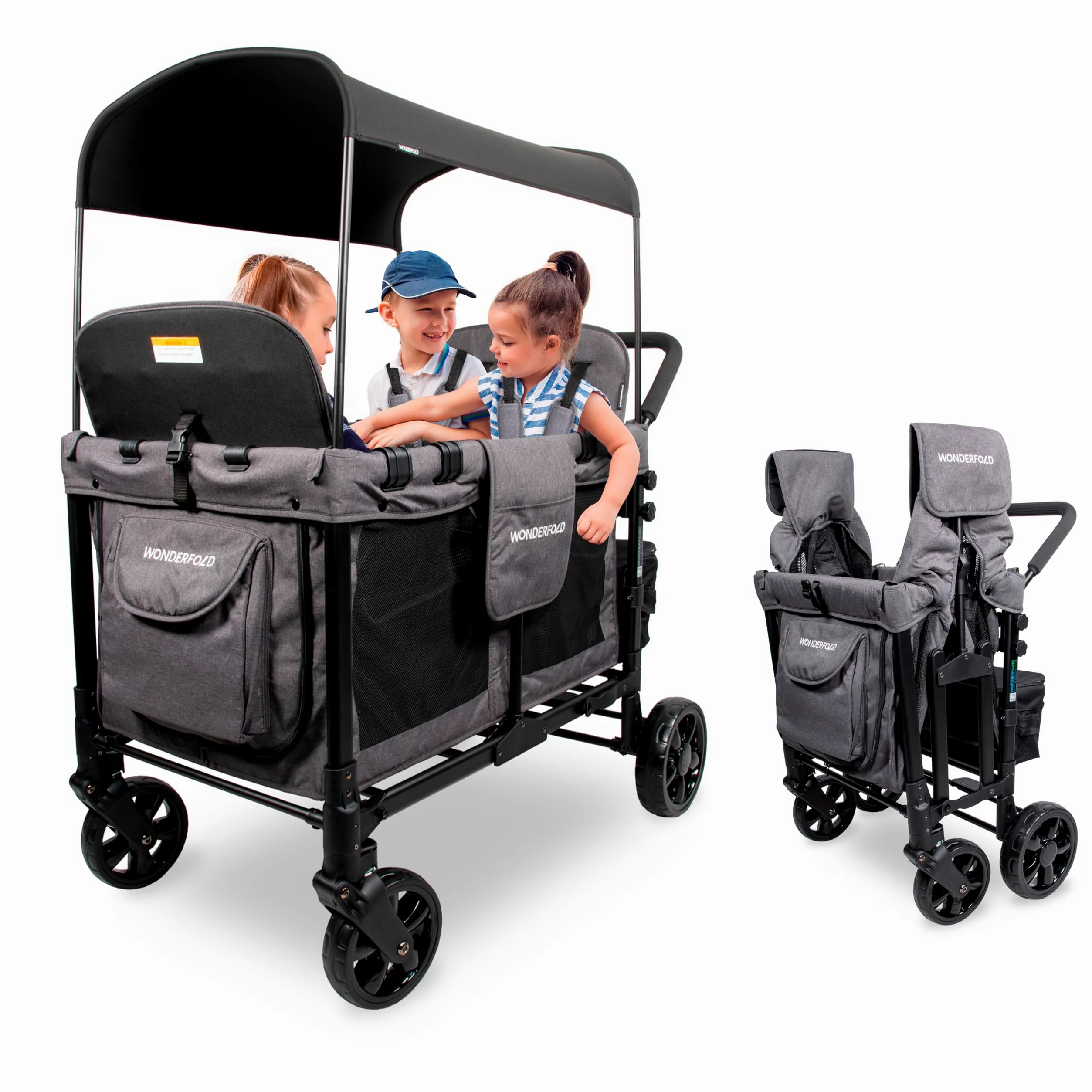 WONDERFOLD W4 Original Poussette (4 places) – Poussette pliable avec sièges avec harnais à 5 points, porte zippée facile d'accès et pare-soleil amovible, gris