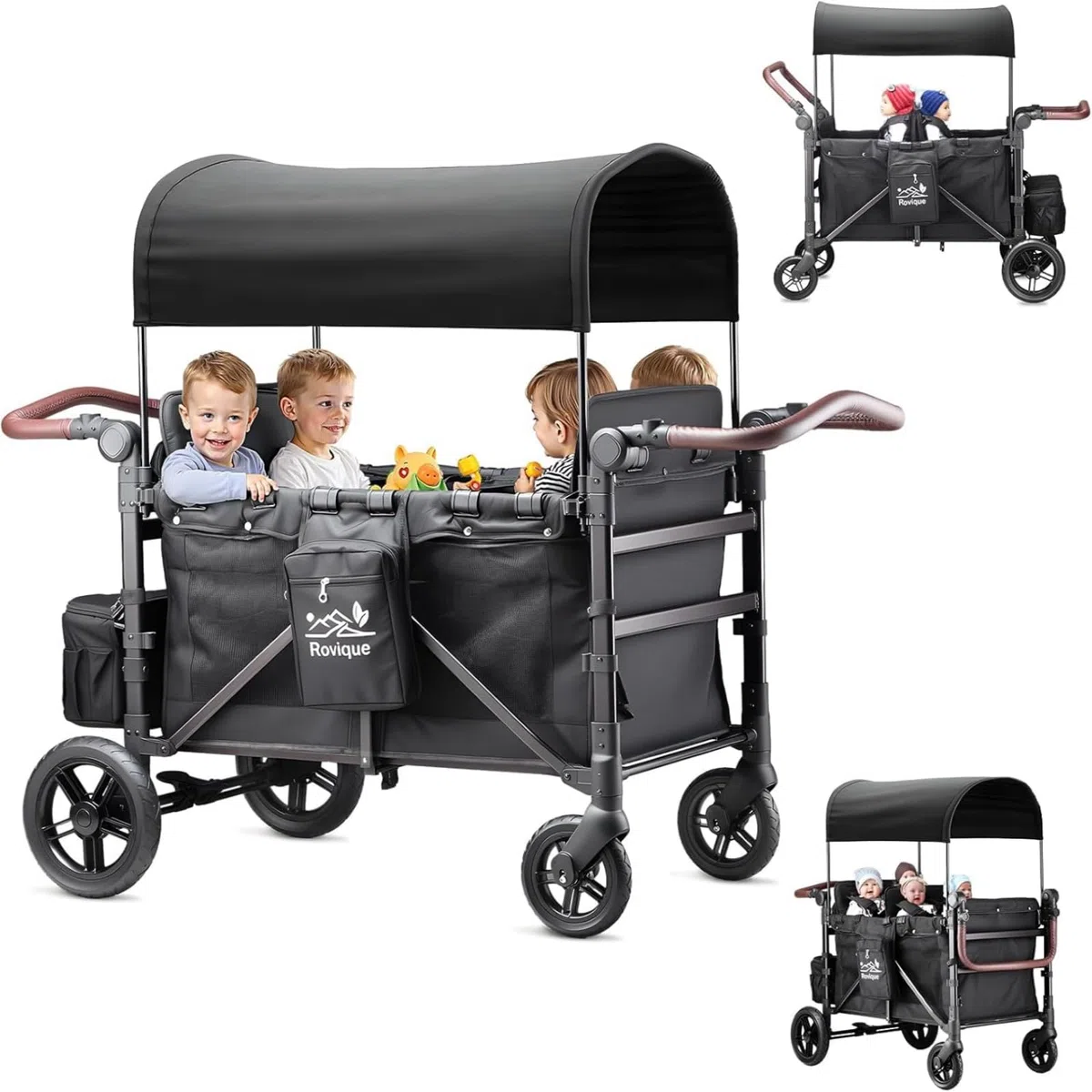 Chariot pliable avec toit pour 4 enfants, avec toit, plateau amovible, harnais à 5 points, poignée réglable, siège haut et grand espace de rangement, noir