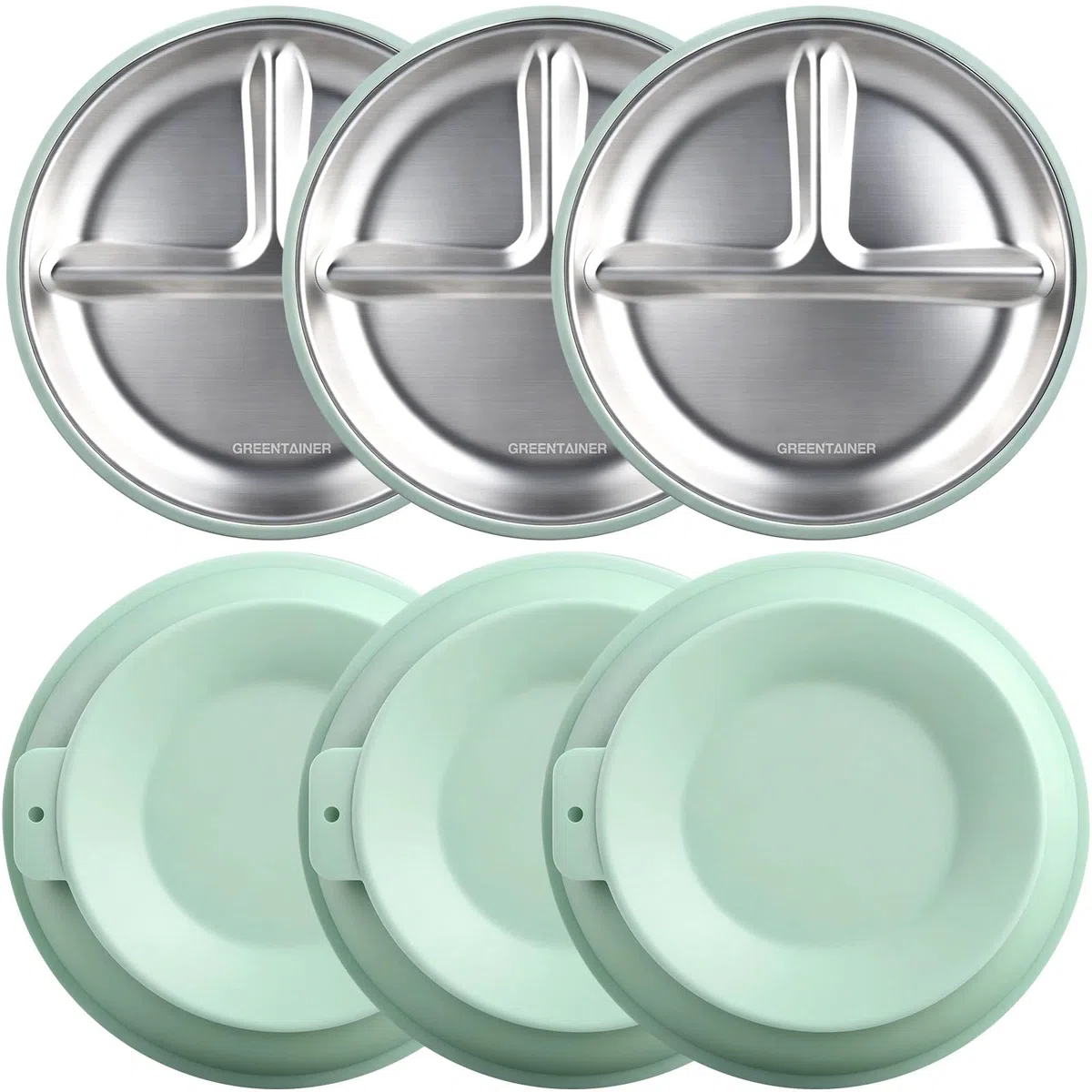 Greentainer Lot de 3 assiettes en acier inoxydable, assiette divisée en silicone avec base adhésive, ustensiles pour tout-petits pour l'alimentation du bébé, sevrage à la demande du bébé, réutilisable