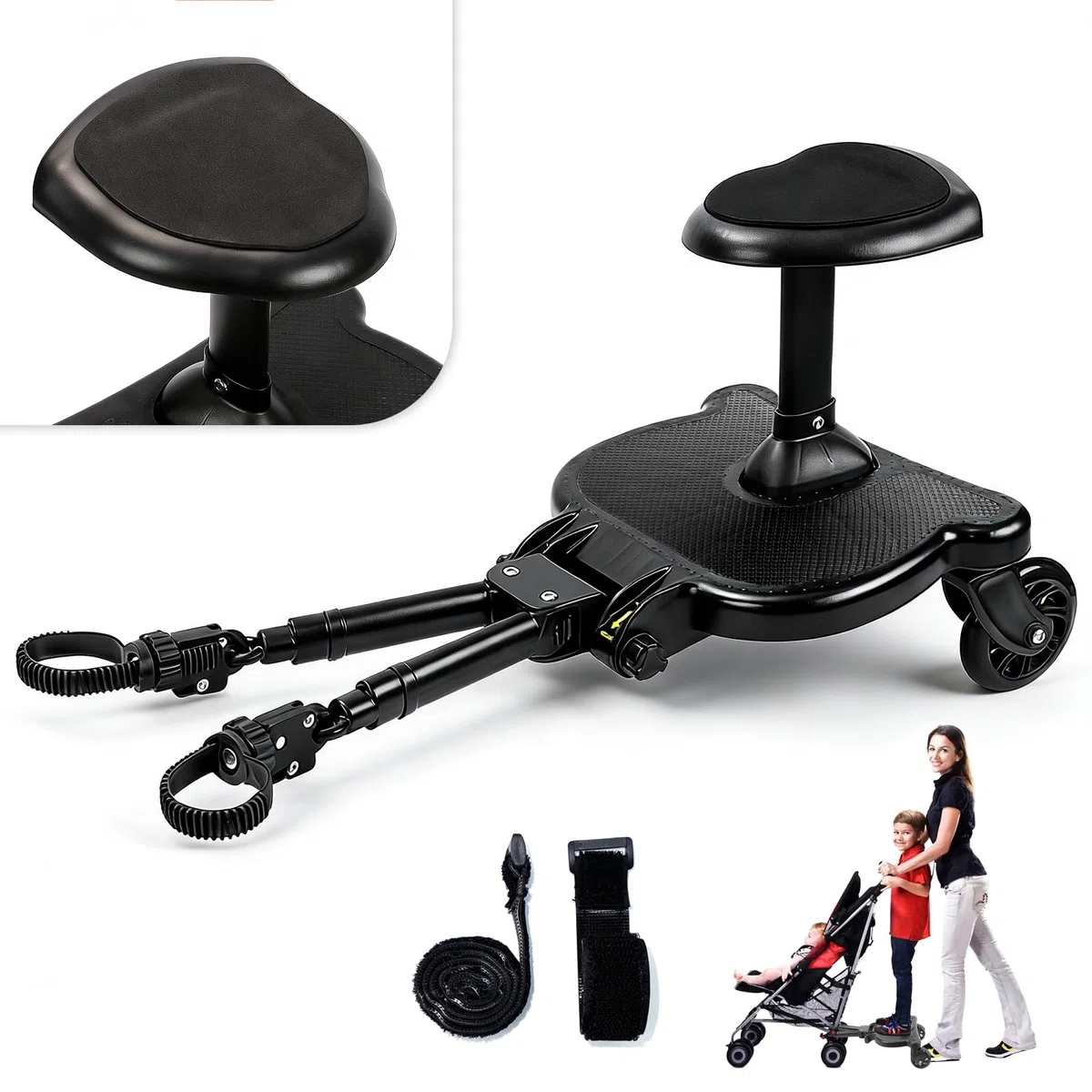 Vihir Planche Poussette Universelle avec Siège, Planches à roulettes pour bébé, Marche Pied Poussette pour Enfants de 2 à 6 Ans (25KG), Renouveler complètement