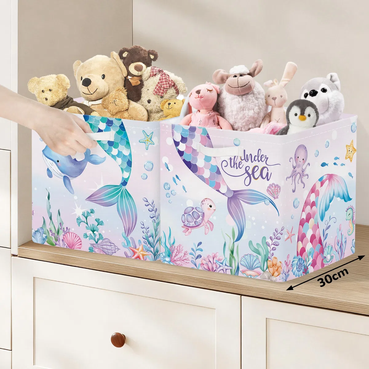 Clastyle Lot de 3 Boite Rangement Tissu Enfant Queue Sirène Cube de Rangement Pliable Filles Panier Kallax pour Salle de Bain,Algue Colorée,30x30x30 cm