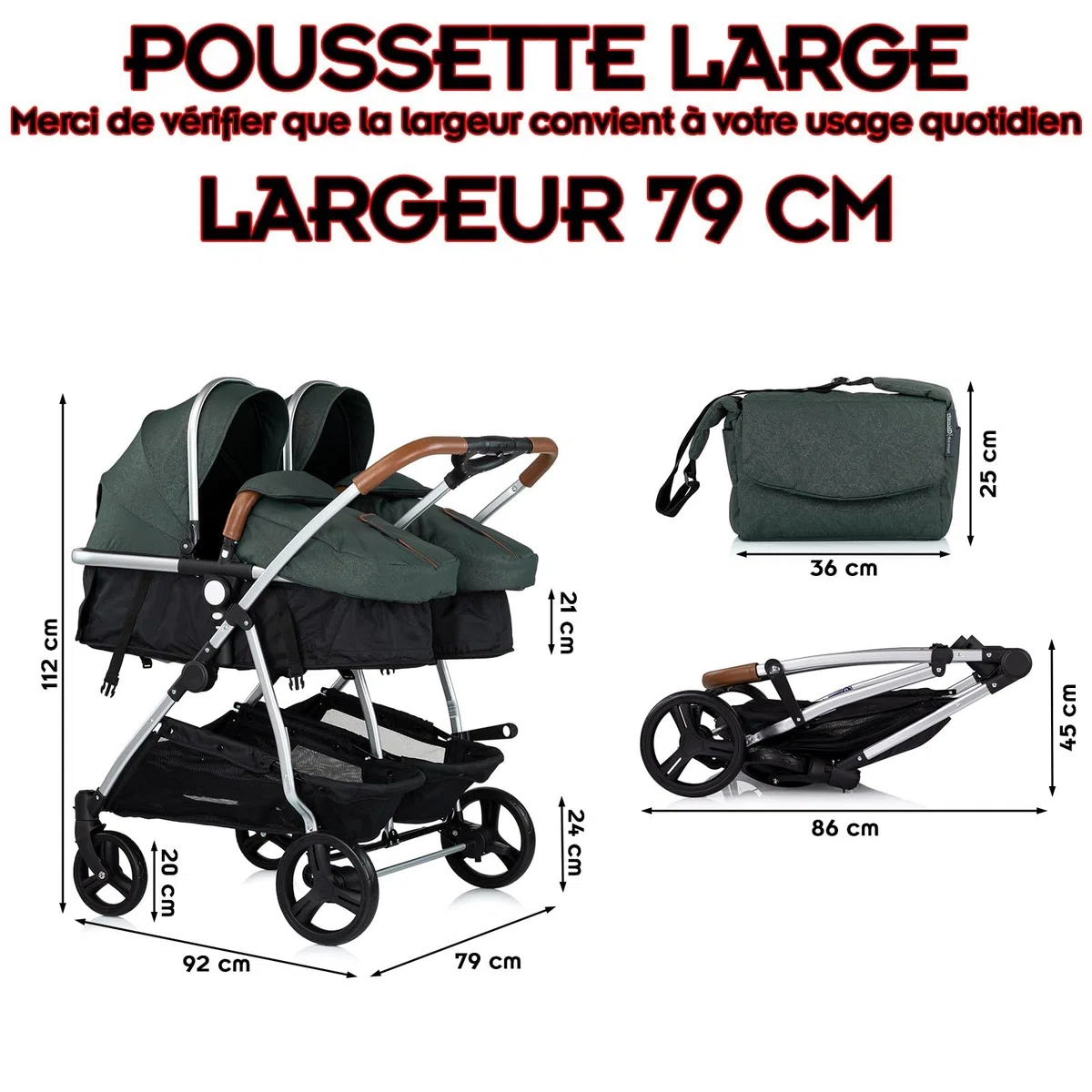 DUO SMART Poussette jumeaux ou enfants rapprochés largeur 79 cm Vert sans cosy