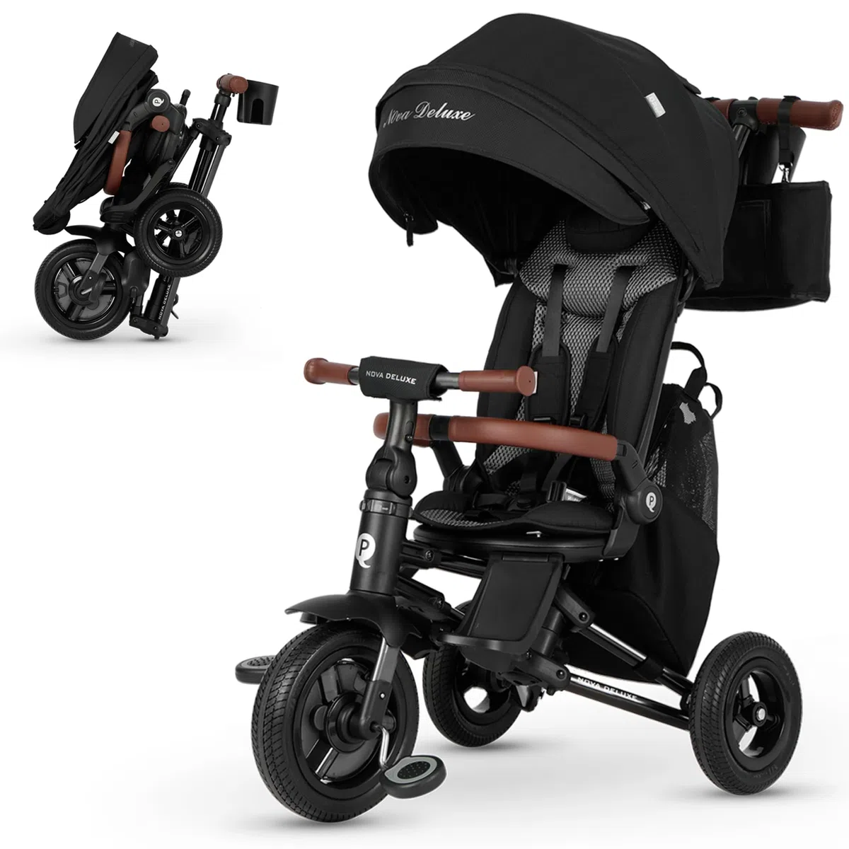 QPlay Nova Deluxe Poussette évolutive avec siège pivotant, pliable compact, capote réglable, cuir fait main, repose-pieds et freins pour enfants de 10 à 36 mois Noir