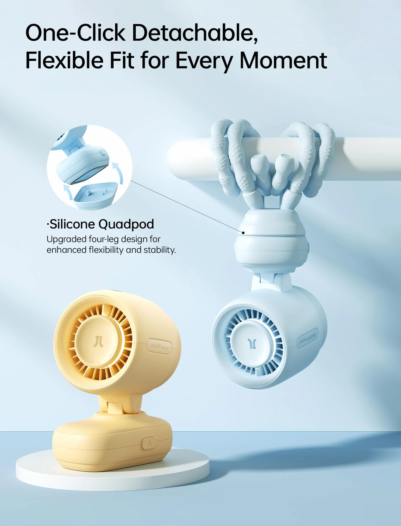 JISULIFE Mini ventilateur de poussette portable à clipser à piles avec veilleuse, 5 vitesses, écran LED, support flexible amovible, sans danger pour berceau, tapis de course, voyage – Bleu