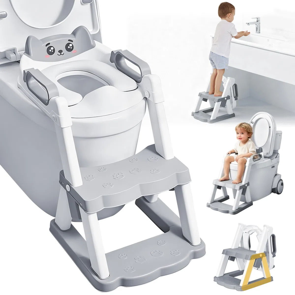 Reducteur Toilette Enfant,2 en 1 Rehausseur Toilette Enfant,Pliable Réducteurs De Toilettes Avec Escalier,Réglable en Hauteur et Portable,Adapté aux Toilettes en Forme de V, U, O
