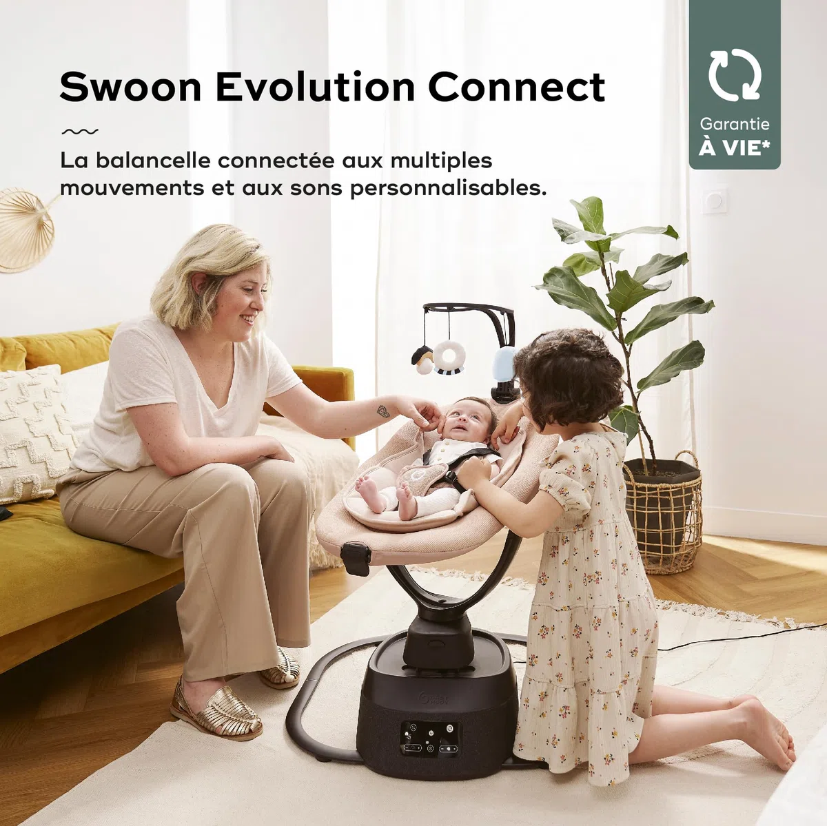 Babymoov Balancelle Bébé Électrique Swoon Evolution Mocca-Connectée avec Application mobile - Streaming musical, Enregistrement de voix et Berceuses personnalisées - Assise 360° - Réducteur nouveau-né