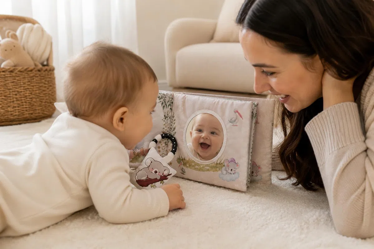 Cadeau de Naissance Bébé – Livre de Naissance Premium avec Album Tissu Sensoriel & Kit Empreintes | Coffret Souvenirs Bébé Fille et Garçon (0-5 ans)