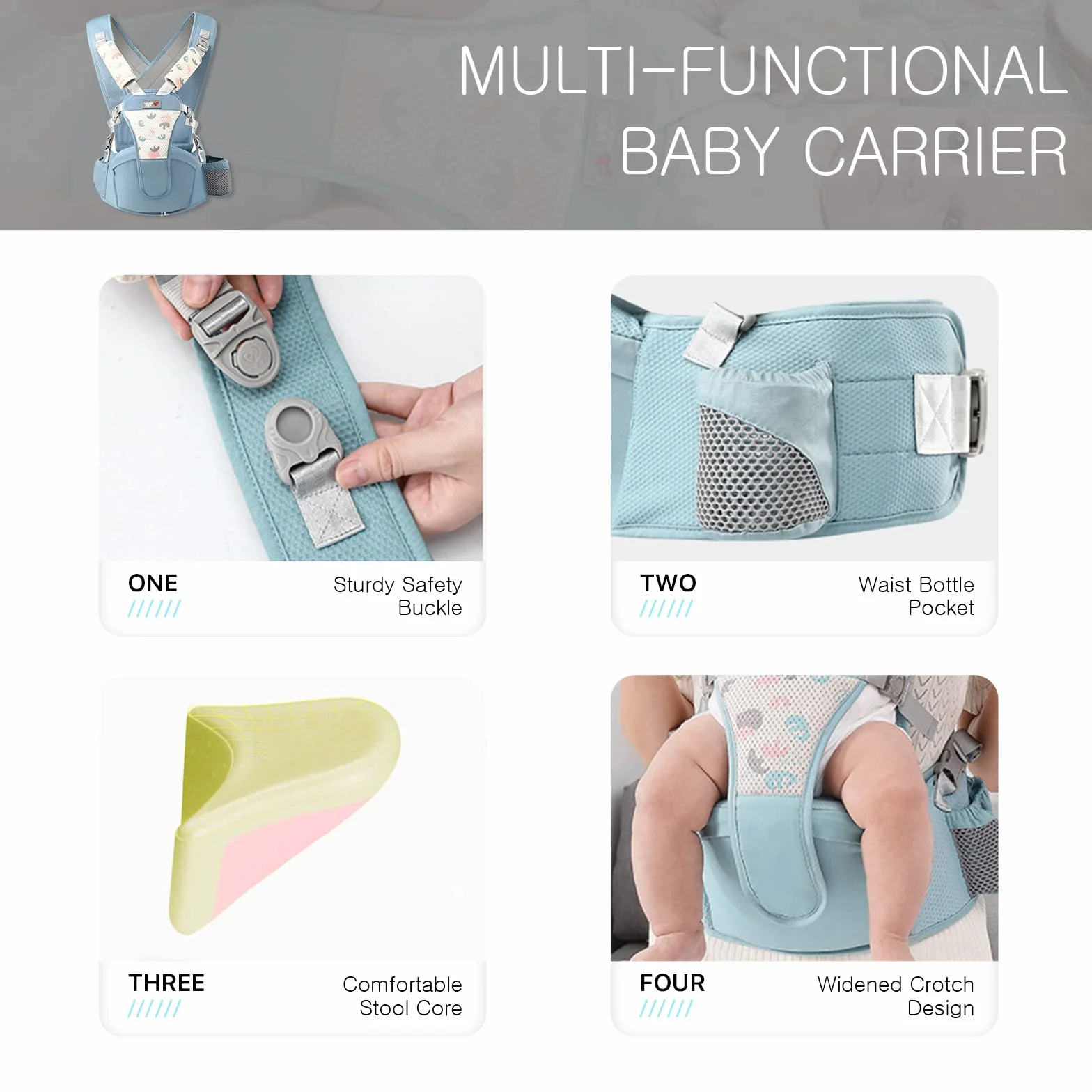 SONARIN Sac banane respirant Hipseat porte-bébé multifonctionnel ergonomique pour bébé 0-36 Mois gris