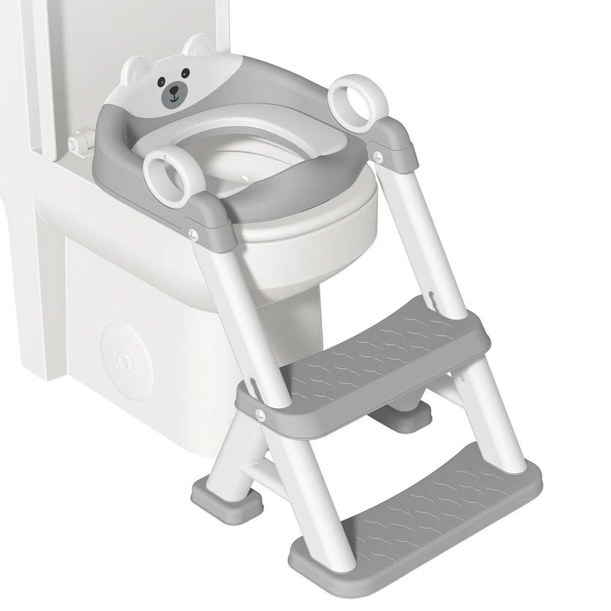 Reducteur Toilette Enfant, 2 en 1 Rehausseur Toilette Enfant pour Garçons et Filles, Siège de Toilette Enfants avec Escalier Pédale Allongée et Coussin, Abattant WC Antidérapant Échelle Réducteur Gris