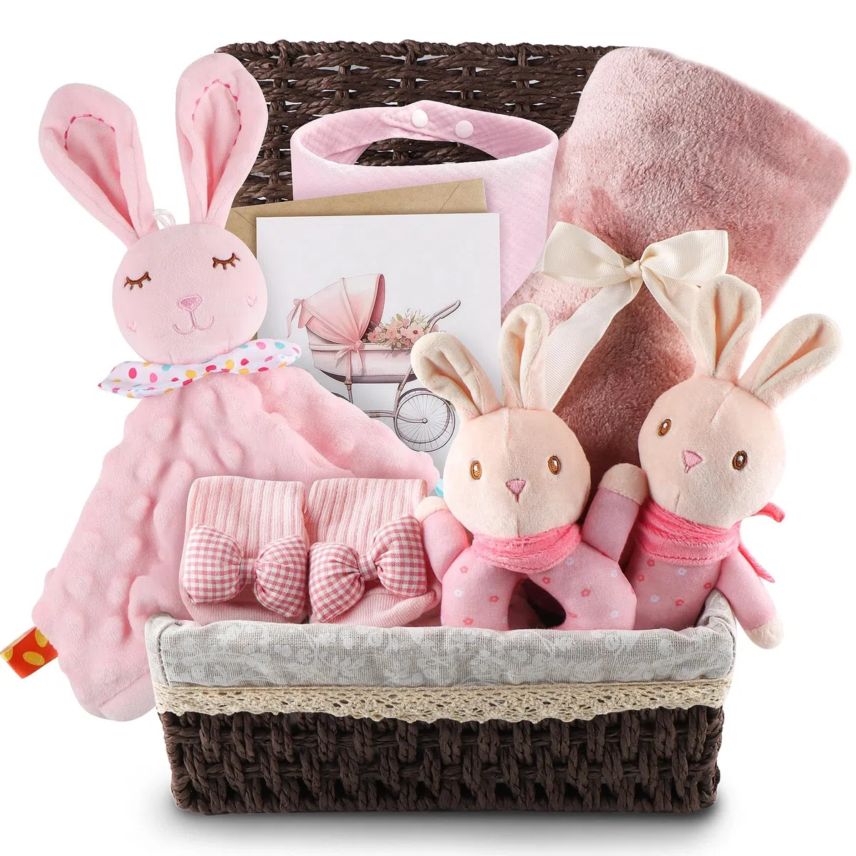 Coffret Naissance Mixte Bébé avec Couverture 70x100 cm Doudou Hochet Bavoir Chaussettes Rose